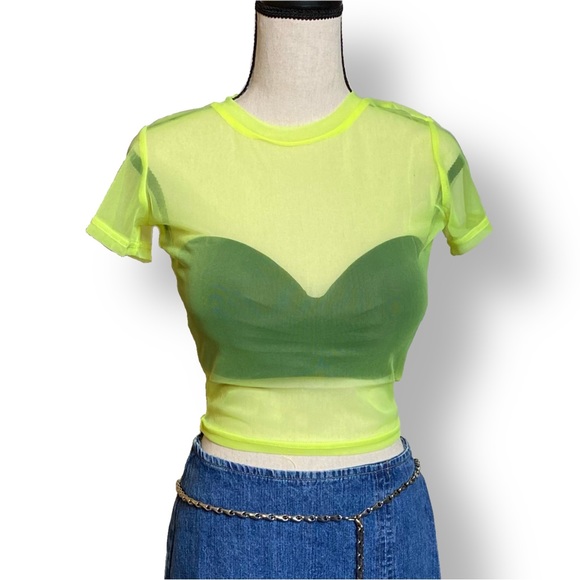 🔵 Emma & Sam Mesh Crop Tee in Neon Yellow Small - Picture 9 of 12